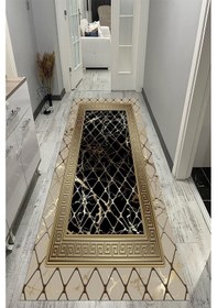 Resim Makinede Yıkanabilir Leke Tutmaz Vizon-siyah Pvc Deri Kaymaz Taban Versace Yolluk Saçaksız Halı B1277 Çok Renkli 