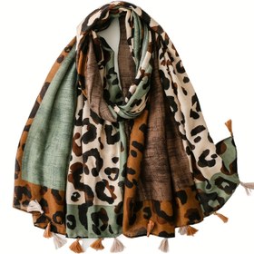 Resim 1 Adet Kadın Şal, Leopar Desenli Renk Bloklu Püskül Detaylı İnce Şal, Çok Renkli Desenli Moda Aksesuar, Müslüman Başörtüsü 