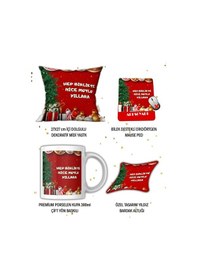Resim Yılbaşı Hediye Seti Mutlu Yıllar Temalı Baskılı Kupa Yastık İsimli Mause Ped Bardak Altlığı Hediye Seti 