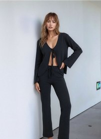 Resim Kadın Uzun Kol Önden Bağcıklı Ceketli Beli Lastikli Alt Üst Pantolonlu Casual Spor Şık Takım Gri 