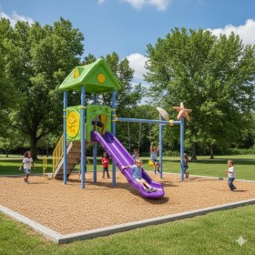 Resim Çocuk Oyun Parkı - Tek Kaydıraklı 2'li Salıncaklı Ev Çatılı Model 