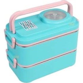 Resim 1200ML Lunchbox 2 Katlı 4 Bölmeli Mini Kaseli Çelik Sefer Tası Yemek Kutusu (Turkuaz-Pembe) 