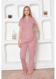 Resim Monox Kadın Önden Düğmeli Kısa Kol Likralı Çizgili Gömlek Pijama Takımı Kırmızı 