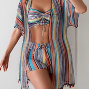 Resim 25SS Yaz Trendi, Kadın Çizgili Bikini Mayo - 3 Parça Kapşon Takımı 