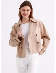 Resim Pastelastore %100 Pamuk Gabardin Astarlı Oversize Geniş Kalıp Kadın Crop Kısa Trençkot 1122 Açık Bej 