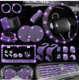 Resim Honeybeeshop Mor 26 Adet Araba Direksiyon Kılıfı Telefon Tutucu Başlatma Halkası Dekoratif Set 