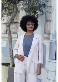 Resim Kadın İpeksi Dokulu Modal Kumaş Yakalı Cep Kapaklı Oversize Salaş Blazer Ceket-pudra Pudra 