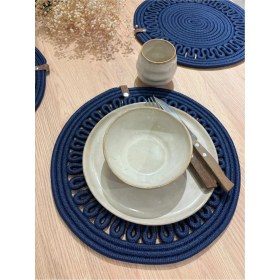 Resim Jütex Home Amerikan Servis Sunum Takımı Hasır Görünümlü Jüt Yıkanabilir Isıya Dayanıklı Jüt 6 Parça Lacivert 