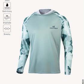 Resim KOOFIN GEAR Erkek Yüksek Performanslı Balıkçılık Gömleği - Yeşil Kamuflaj Uzun Kollu Soğutucu Kapüşonlu, Güneş Koruması, Hafif ve Çabuk Kuruyan Kumaş 