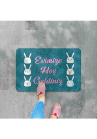 Resim Dijital Baskılı Kapı Önü Paspas Hoşgeldiniz Yazılı Çiçek Desen Ve Tavşan Iç Ve Dış Kapı Yıkanabilir Mavi 