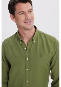 Resim Tudors Erkek Slim Fit Dar Kesim Düz Oxford Armalı Yaka Düğmeli Yeşil Spor Gömlek-42014 Yeşil 