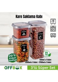 Resim Offbox Kare Bakliyat Baharat Gıda Saklama Kabı - 3 Çeşit - 3 Adet Antrasit Şeffaf 