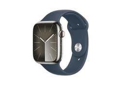 Resim Apple Watch Series 9 GPS + Cellular 45 mm Gümüş Rengi Paslanmaz Çelik Kasa Akıllı Saat ve Fırtına Mavisi Spor Kordon - M/L. Fitness Takibi, Kanda Oksijen ve EKG Uygulamaları, Hep Açık Retina Ekran 