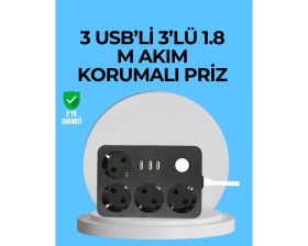Resim Pileli Store 3 USB Çıkışlı 4’lü Akıllı Priz 2500W 2 Metre Kablo 