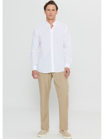 Resim AC&Co / Altınyıldız Classics Erkek Beyaz Pamuklu Keten Comfort Fit Rahat Kesim Düğmeli Yaka Armürlü Gömlek Beyaz 