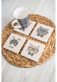 Resim Baskılı Doğal Taş Bardak Altlığı 4'lü Set 10x10x1 Cm - Kedi Baskılı Bardakaltı Çok Renkli 