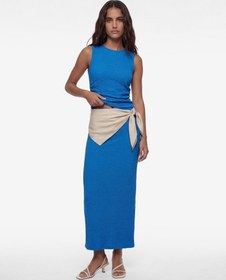 Resim Bürümcük Kumaş Drape Detaylı Dokulu Midi Kobalt Mavi Kalem Etek 