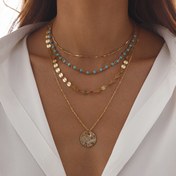 Resim Bohem Vintage Tarzı Katmanlı Boncuk Kolye Seti 4'lü Düzensiz Disk Kolye Uçları, Şık Geometrik Choker Zincir Kolyeler, Günlük ve Tatil Giyimi için Çok Yönlü 