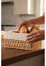 Resim 3 Lü Bambu Ekmek Sepeti Seti, 26x20x12 Cm, Metal Çerçeveli Dantelli Çiçek Desenli Kumaşlı Organizer Kahverengi 