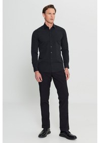 Resim Erkek Sıyah Pamuklu Slim Fit Dar Kesim Klasik Yaka Armürlü Gömlek Siyah 