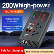 Resim 200W Araba İnvertörü: 12V/24V'den 220V'ye, LED Ekran ve 4 USB Portu ile, Type-C Şarj Adaptörleri, On/Off Anahtarı, Akım LED Ekranı, Hızlı Şarj, Arabalar, SUV'lar ve Kamyonlar için Uygun 