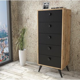 Resim Yurudesign Vilamo Komodin Ahşap Ayak, 5Çekmece, Çam-Siyah VL70-232 