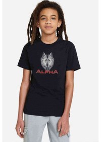 Resim Tshirthane Wolf Alpha Baskılı Unisex Çocuk Siyah T-Shirt 