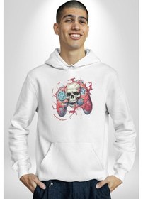 Resim Oyun Kumandası İnsanı Ele Geçirişi Kadın Erkek Beyaz Kapüşonlu Sweatshirt Hoodie Beyaz 