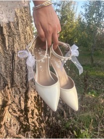 Resim LİNEER Kadın Sedef Kırık Beyaz Rahat 5 Cm Kadeh Topuklu Incili Stiletto Gelin Ayakkabısı 