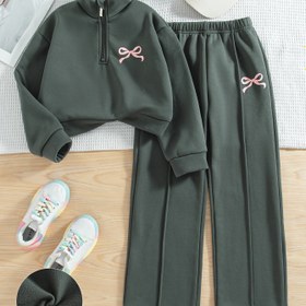 Resim Kızlar İçin Sonbahar/Kış Mevsimi Dış Mekan Modası Baskılı Fiyonk Detaylı Omuz Açık Yaka Uzun Kollu Üst ve Pantolonlu Polar Sweatshirt Takımı 