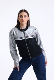 Resim Black Level Kadın Şeritli Baskılı Fermuarlı Deri Mont Yarışçı Kolej Mont Yaka Çıtçıtlı Motorcu Montu Bomber Gri 