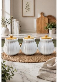Resim 3'lü Seramik Sugar Tea Coffee Kavanoz Seti, Tezgah Üstü Baharat Takımı Vakumlu Papatya Tasarım Beyaz 