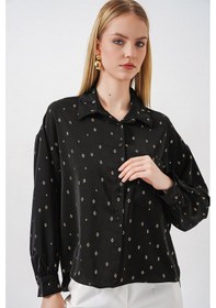 Resim Bigdart Kadın Desenli Oversize Gömlek 20361 - Siyah 