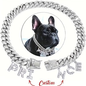 Resim Özel Rhinestone Köpek Kolyesi - Çinko Alaşım Kübali Bağlantı Kolyesi, Kişiselleştirilmiş İsim Etiketi Pendi, Çift Güvenlik Kiliti, Sağlam ve Hafif 