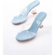 Resim S-619 Bebe Mavi Rugan Şeffaf Bantlı Şeffaf Topuklu Yuvarlak Burunlu Kadın Terlik Renksiz 