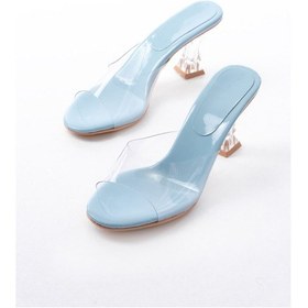 Resim S-619 Bebe Mavi Rugan Şeffaf Bantlı Şeffaf Topuklu Yuvarlak Burunlu Kadın Terlik Renksiz 