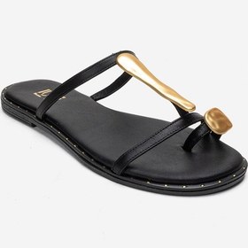 Resim Luvishoes Tessa Siyah Hakiki Deri Gold Tokalı Kadın Parmak Arası Terlik 