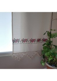 Resim Kırmızı Kanaviçeli Doğal Pamuklu Güneşlik Perde Buldan - Bodrum Bej - Krem 