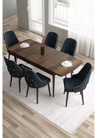 Resim Canisa Tia Serisi 80x132 Açılabilir Mdf Barok Ahşap Desen Gold Detay Mutfak Masası Ve 6 Antrasit Sandalye Masa Barok Ahşap Desen Sandalye Antrasit 