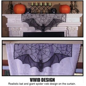Resim Geeroyoo Cadılar Bayramı Dekorasyonu: Örümcek Ağı Ve Yarasa Desenli Polyester Perde, 93x57 Cm, Siyah 