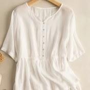 Resim Ruffled hemli, düğmeli, V yaka, bahar/yaz için mükemmel, yetişkin kadın giyim, rahat kıyafet|Vintage ilhamlı üst|Ruffled hem detay, vintage giyim 