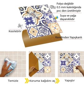 Resim Kendinden Yapışkanlı Karma Mavi Çini Desenli Pvc Karo 30X30 cm (33 Adet) 3m2 