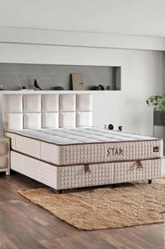 Resim Niron Yatak Star Seti 100x200 cm Tek Kişilik Yaylı Sert Ortopedik Krem Keten Lüks Baza Başlık Takımı 