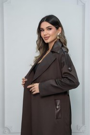 Resim Eccim Fashion Deri Detaylı Broşlu Sade Uzun Kadın Ceket Trençkot 