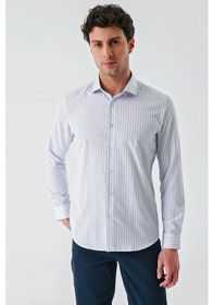 Resim İmza Beyaz Uzun Kollu Çizgili Armürlü Cepsiz Pamuklu Klasik Slim Fit Dar Kesim Gömlek 1004240229-beyaz Beyaz 
