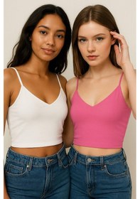 Resim Kadın 2'li Paket Pembe Beyaz Kısa Crop İp Askılı V Yaka Krop Bluz Büstiyer Çok Renkli 