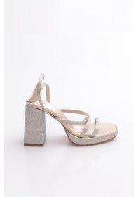 Resim Dgn 7753 Kadın Silver Taşli Tek Çapraz Bant Alçak Platform Yüksek Topuk Bilekten Bağli Ayakkabi Dore Saten 