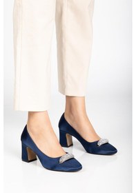 Resim Dilimler Ayakkabı Kadın Siletto Topuklu Ayakkabı Lacivert Saten Taşlı Kalın Topuklu-4170 Lacivert 