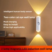 Resim 1/3 Üç Renkli veya RGB Çift Başlı Manyetik LED Sensörlü Duvar Lambası, Ayarlanabilir Üç Renkli Hareket Sensörü Gece Işığı, USB Şarj Edilebilir Yatak Odası Lambası ile Parlak LED Göz Koruma için Oturma Odası, Yatak Odası, Koridor 