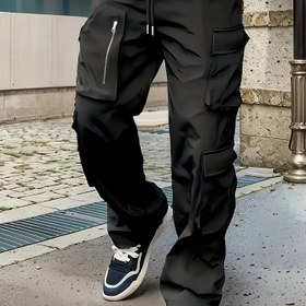 Resim Erkekler için Rahat Kargo Pantolonlar - Düz Kesim ve Çoklu Kullanışlı Cepli, İp Bel, Dayanıklı Esnemez Kumaş, İlkbahar/Sonbahar Dış Mekan & Günlük Giyim İçin Siyah 